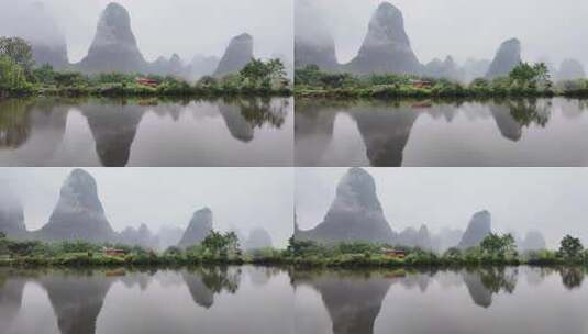 雨天湖景倒映绿树青山的宁静画面高清在线视频素材下载