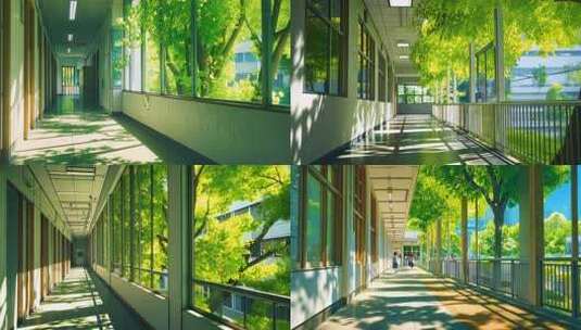 早晨阳光下校园走廊 卡通漫画课室 致青春高清在线视频素材下载