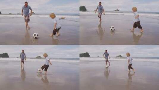 父子在沙滩上踢足球高清在线视频素材下载