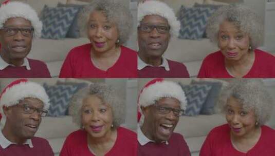 老年夫妇在圣诞视频通话中有说有笑高清在线视频素材下载
