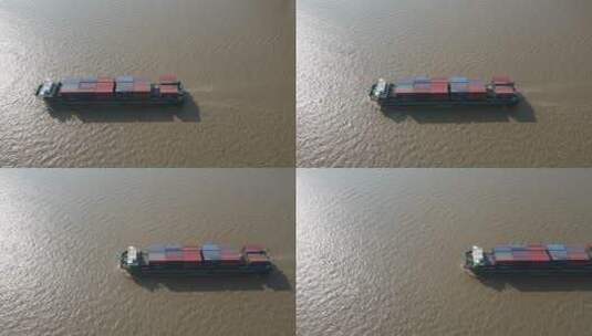 航拍行驶的货运大船集装箱武汉长江高清在线视频素材下载