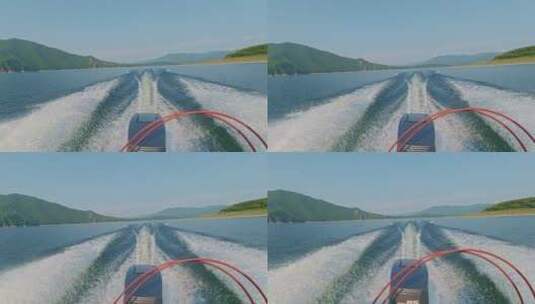 吉林松花湖湖面上的快艇尾部发动机水流高清在线视频素材下载