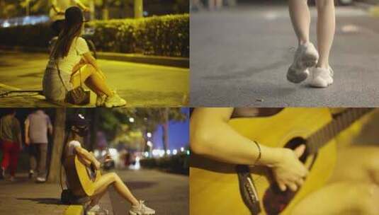 单身女生街拍夜景灯光路边一人弹吉他光斑高清在线视频素材下载