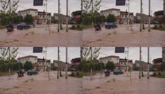 夏天洪水灾情实拍汽车在被水淹没的街道行驶高清在线视频素材下载