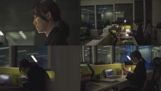 办公室加班熬夜吃泡面工作的女人高清在线视频素材下载