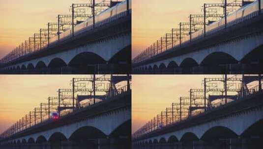 傍晚高铁驶过杭州钱塘江上钱江二桥航拍高清在线视频素材下载