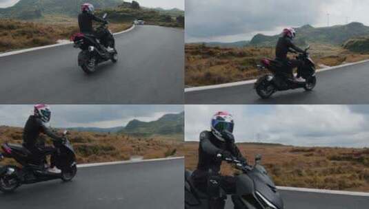 踏板摩托车在山路上骑行、压弯、烧胎高清在线视频素材下载