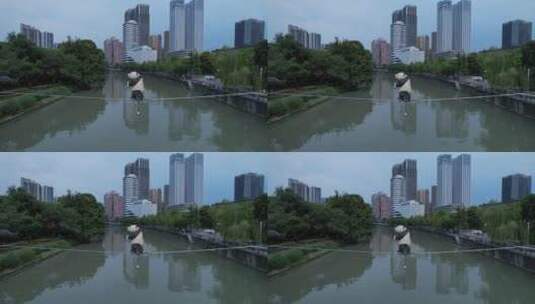 固定成华公园锦江高楼大厦熊猫走钢丝高清在线视频素材下载