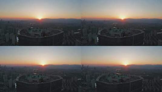 城市楼顶观景台日落航拍高清在线视频素材下载