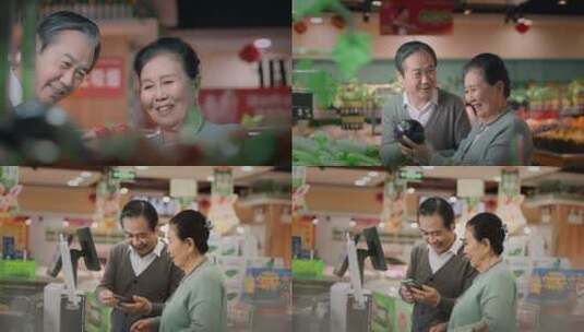 慈祥老人超市买菜用手机快捷支付高清在线视频素材下载