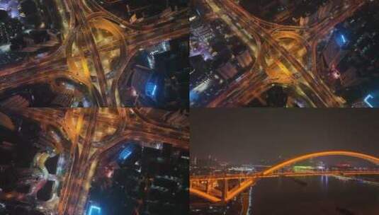 卢浦大桥夜景航拍合集高清在线视频素材下载
