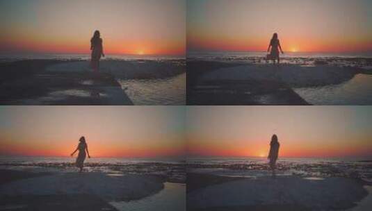 夕阳背影、唯美夕阳、情绪女孩、海边剪影高清在线视频素材下载