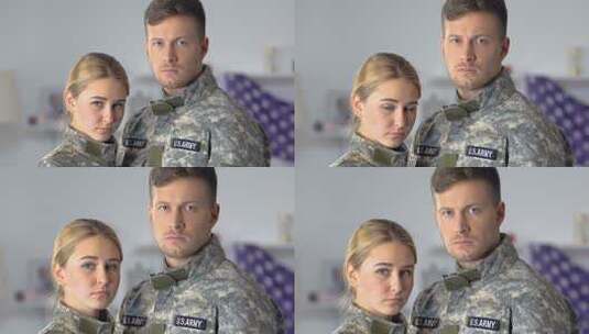 悲伤的美国士兵夫妇看镜头特写高清在线视频素材下载