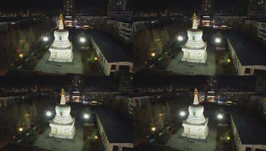 航拍沈阳护国延寿寺西塔城市夜景高清在线视频素材下载