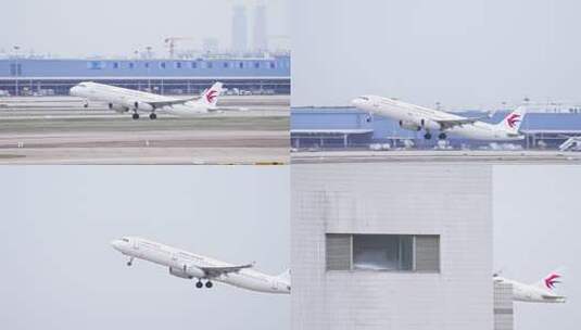 东方航空飞机在浦东机场起飞高清在线视频素材下载