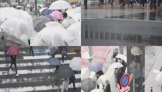 城市雨中行人十字路口人流过马路雨伞高清在线视频素材下载