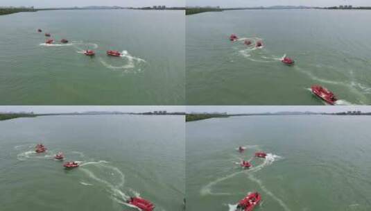 航拍消防员水上练兵高清在线视频素材下载