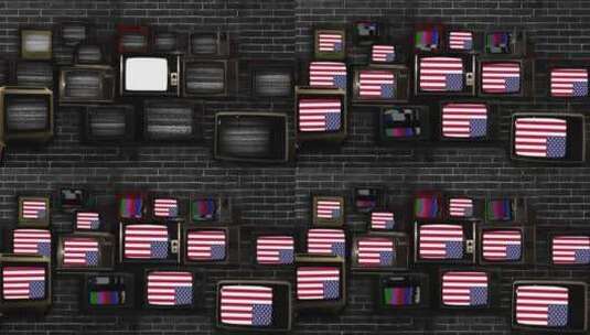 复古电视堆栈上颠倒的国旗高清在线视频素材下载