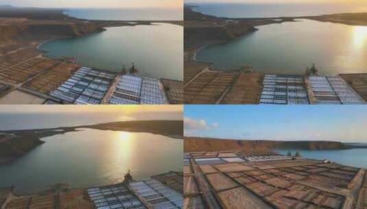 无人机航拍海边海岛海田养殖场日落蓝天白云高清在线视频素材下载
