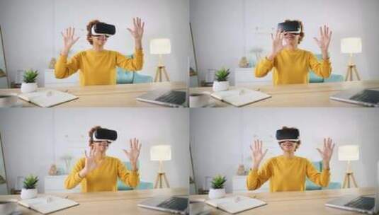 虚拟现实眼镜慢莫中的快乐女孩肖像高清在线视频素材下载