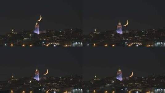 伊斯坦布尔博斯普鲁斯之夜加拉塔月景延时视频高清在线视频素材下载