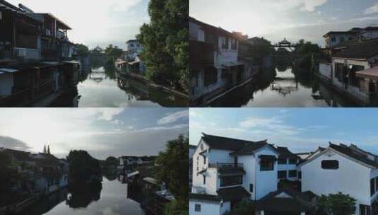 同里古镇清晨航拍高清在线视频素材下载