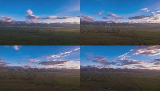 那拉提空中草原绝美晚霞雪山航拍高清在线视频素材下载