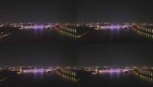 长沙夜景三汊矶大桥航拍桥梁夜晚建筑风光高清在线视频素材下载