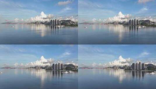 深圳湾蛇口海岸线半岛城邦倒影航拍高清在线视频素材下载