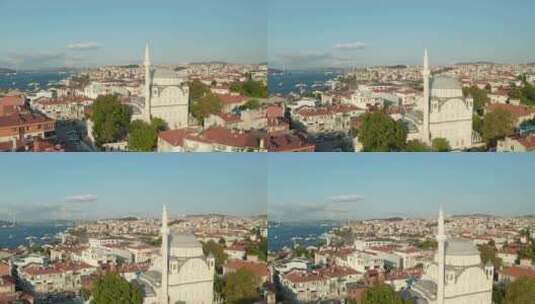 经过伊斯坦布尔附近的清真寺，背景是博斯普鲁斯海峡和桥梁，天线高清在线视频素材下载