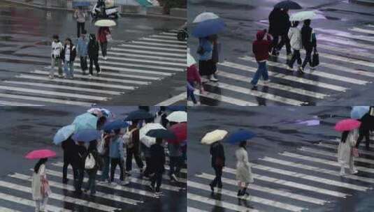 雨天城市街头人流慢动作高清在线视频素材下载