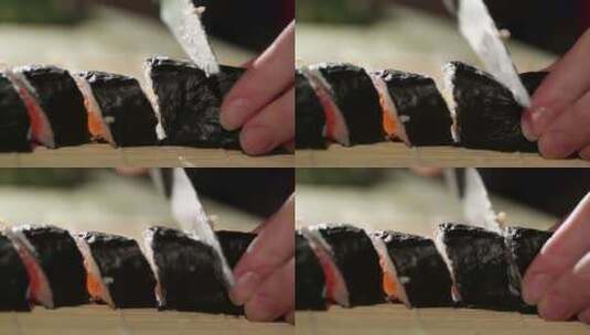 特写切寿司卷高清在线视频素材下载