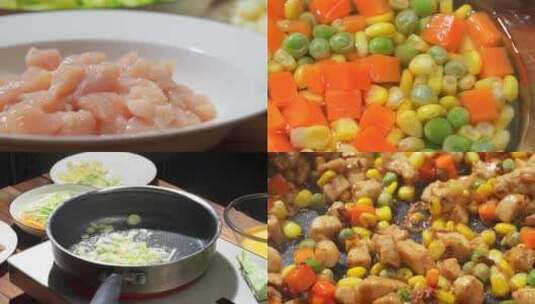特色中餐什锦蔬炒鸡丁烹饪过程高清在线视频素材下载