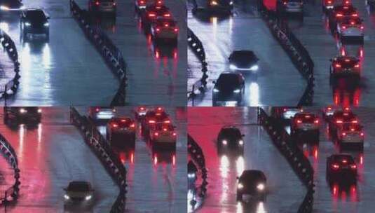高角度拍摄雨夜路口来来往往的汽车高清在线视频素材下载