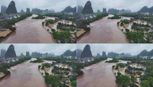 桂林阳朔暴雨漓江遇龙河河水暴涨高清在线视频素材下载