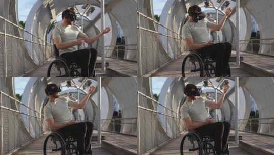 轮椅上的人在城市桥上体验虚拟现实高清在线视频素材下载