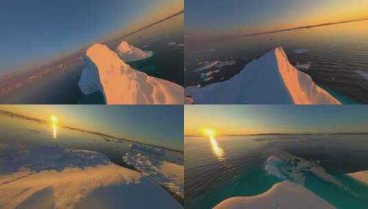 FPV航拍冰山冰川日出阳光照射大海冰川高清在线视频素材下载