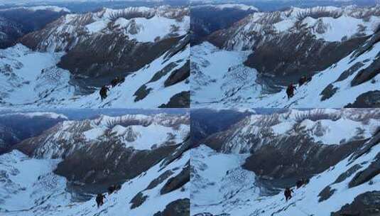 攀登四川岷山山脉雪宝顶雪山的登山队高清在线视频素材下载