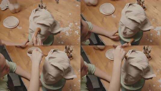 女工匠在车间里创作女性粘土头高清在线视频素材下载