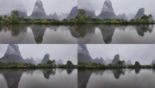 雨天湖景倒映绿树青山的宁静画面高清在线视频素材下载