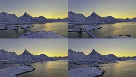 挪威罗弗敦群岛北极圈雷纳冬季雪景高空航拍高清在线视频素材下载