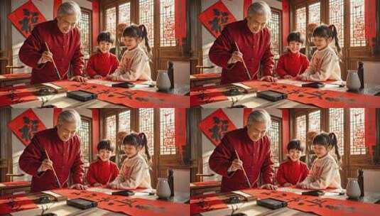 春节家人团聚写福字书法传统文化高清在线视频素材下载