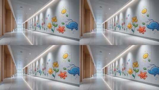 医院走廊童趣壁画营造温馨医疗环境高清在线视频素材下载