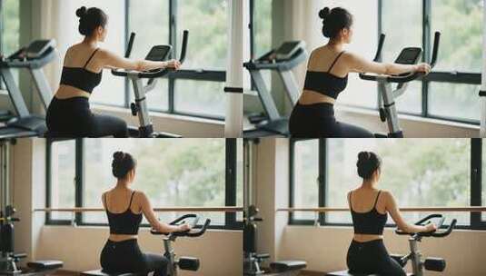 女性健身房骑动感单车高清在线视频素材下载