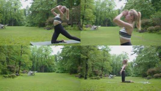 公园女孩草地上瑜伽锻炼身体高清在线视频素材下载