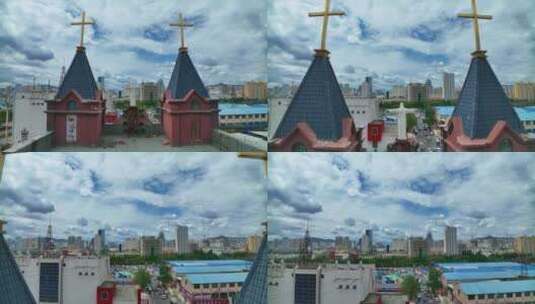 航拍青海西宁城北区天主教堂天主堂高清在线视频素材下载
