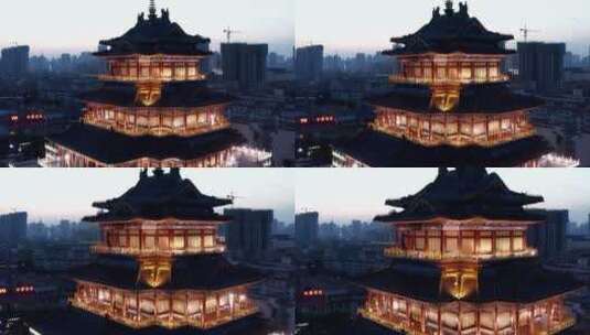 陕西省咸阳市清渭楼美术馆夜景航拍高清在线视频素材下载