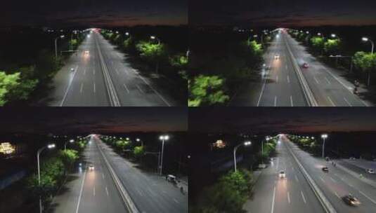 航拍跟车夜景汽车城市道路街道公路路灯晚霞高清在线视频素材下载