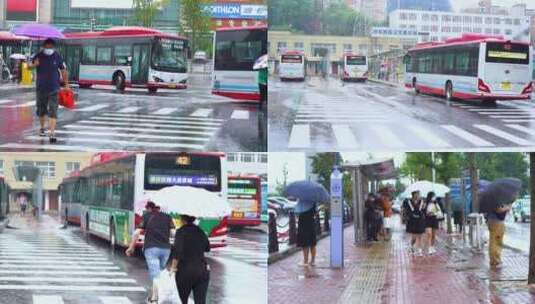 4K雨中城市 雨中公交 雨中过马路人群高清在线视频素材下载