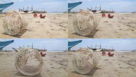 斯里兰卡威利加马——2014年3月：垃圾被冲上海岸，在海滩上的木制钓鱼吹嘘前。高清在线视频素材下载